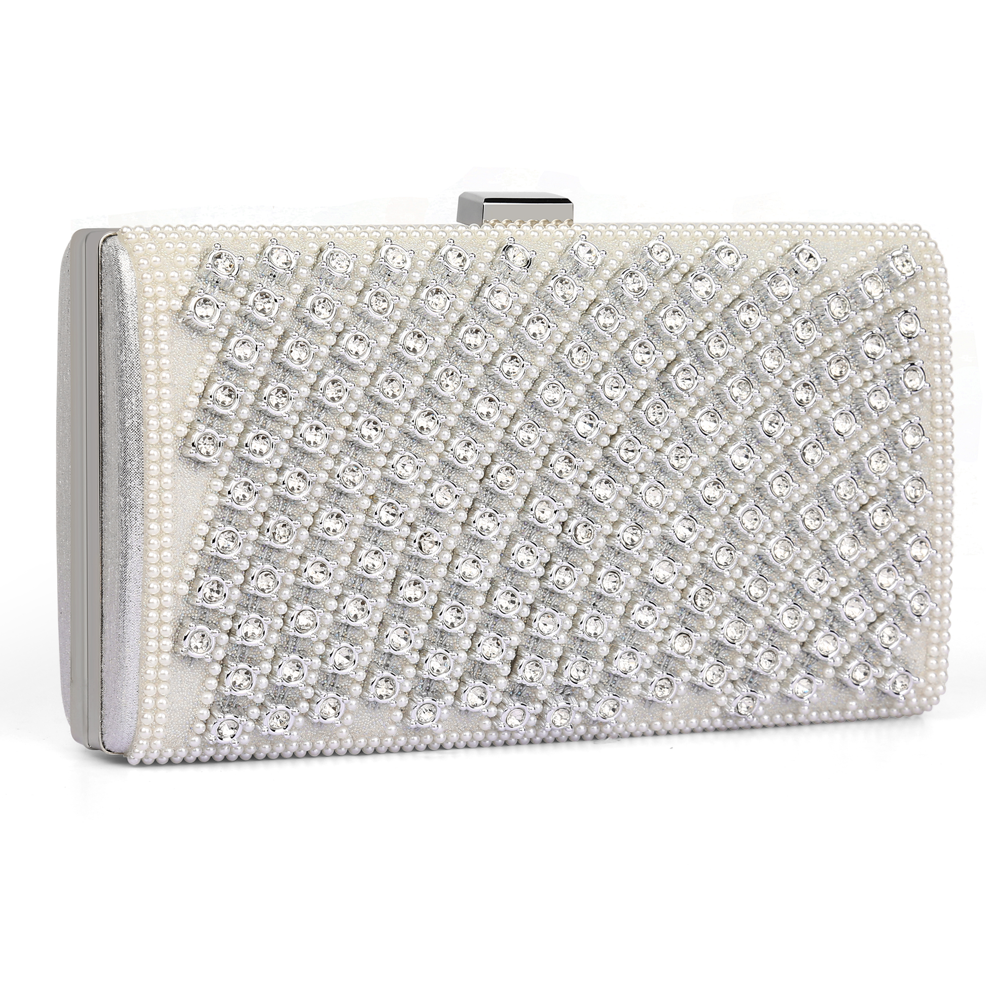 Product details of silver floral crystal bag
